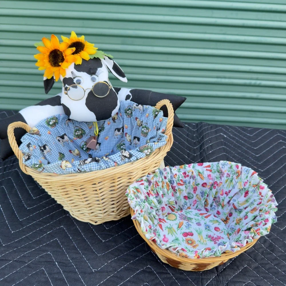 Vintage Farmhouse Cow Wicker Basket Set Country Decor Sunflower Gingham Liner